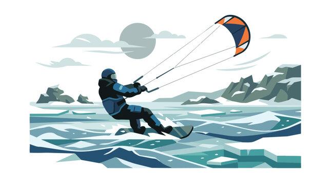 A professional kitesurfer riding on ice in winter gear.