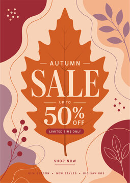 Autumn Sale poster template with maple leaf centerpiece, botanical accents, and limited time retail promotion