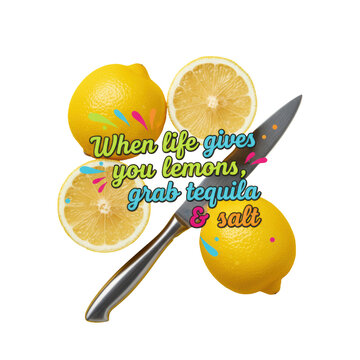 Fresh, bright yellow zesty lemons, one sliced with juicy pulp, and a sleek stainless steel paring knife on a seamless canary yellow background, high-key lighting. Witty beverage advertising concept