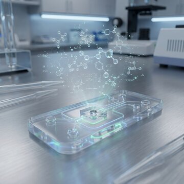 A close up view of a microfluidic device on a stainless steel lab bench with a holographic molecular structure projection representing advanced biotechnology and innovative pharmaceutical research.