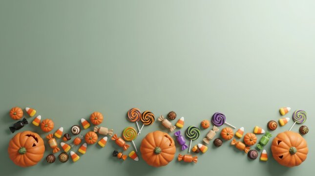 Halloween candy and mini pumpkins on green background illustration