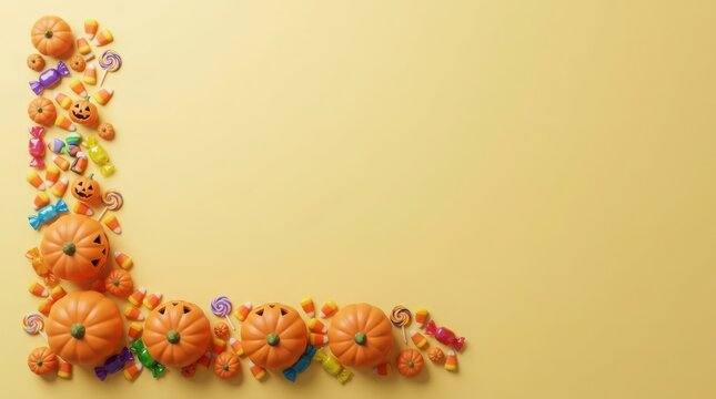 Colorful halloween pumpkins with candy decorations on light background illustration