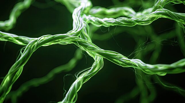 Green twisted collagen fibers microscopic 3D render, interwoven protein filaments, biomedical skincare dark‑background abstract asset