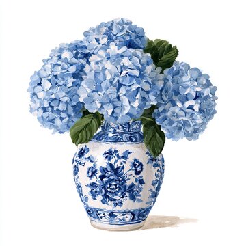 Blue Hydrangea in Ceramic Vase, Elegant Floral Arrangement