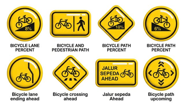 Yellow 3D bicycle road signs featuring bike lane percent pedestrian path crossing ahead and lane ending warnings for urban traffic safety