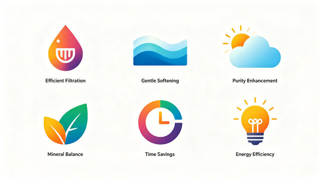 Water treatment function icon, representing filtration and purification, soft water energy saving, suitable for water purifier detail pages and product promotional posters.
