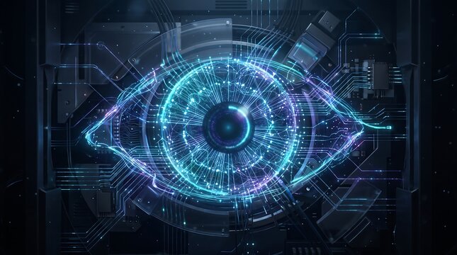 Glowing futuristic cyber eye digital biometric scanning interface inside a high tech machine enclosure with biometric scanning interface hologram