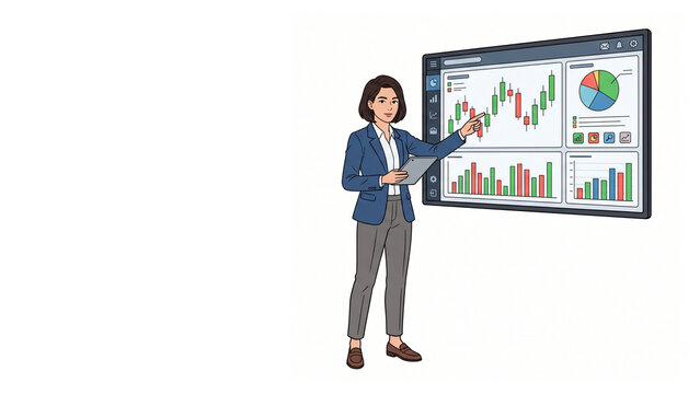 Flat vector illustration of female analyst pointing at candlestick trading charts and statistics