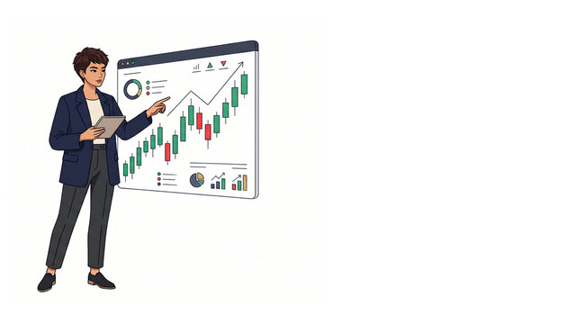 Flat vector illustration of a businesswoman pointing at candlestick stock market charts and financial data