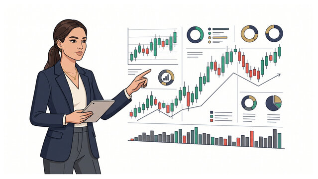 Close up flat vector illustration of businesswoman analyzing complex financial candlestick charts