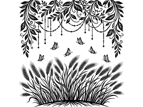 Black and white ornate hanging tree branches with leaves, dangling chain, and butterflies flying over tall grass. Elegant vector illustration for tattoo, mandala, or bohemian design.

