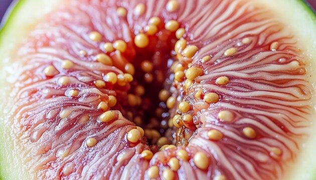 Close-up of fresh fig fruit with seeds and pink flesh texture