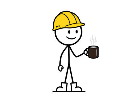 Stick figure construction worker wearing a yellow hard hat holding a steaming black coffee mug. Black and white vector illustration for coffee break and worker humor.

