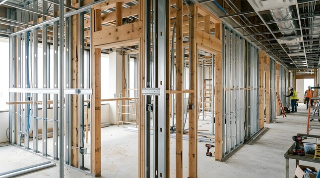Professional Commercial Construction Site With Metal Stud Framing