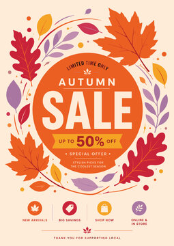 Autumn Sale Poster Template with Botanical Leaves and Seasonal Shopping Promotion