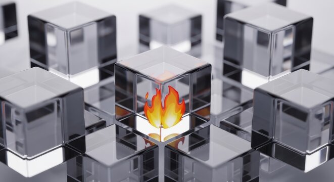 Abstract 3D Render of a Single Flame Inside a Glass Cube Symbolizing Innovation and Unique Ideas