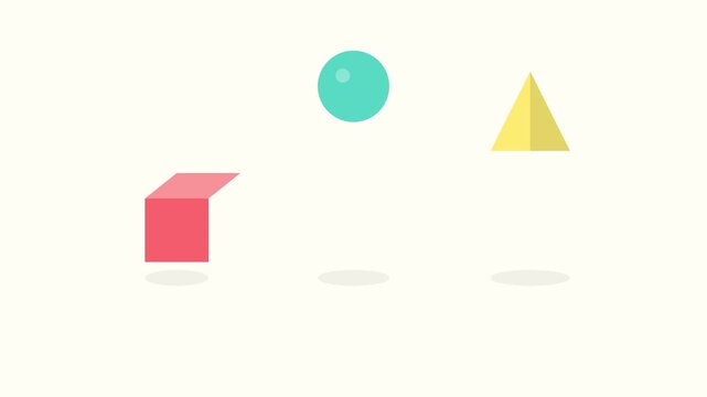Geometric Harmony: A simple yet elegant composition featuring a red cube, a teal sphere, and a yellow triangle, artfully arranged in a minimalist design with subtle shadows.