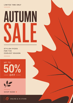 Autumn Sale Poster Template with Large Maple Leaf and Warm Seasonal Discount Design