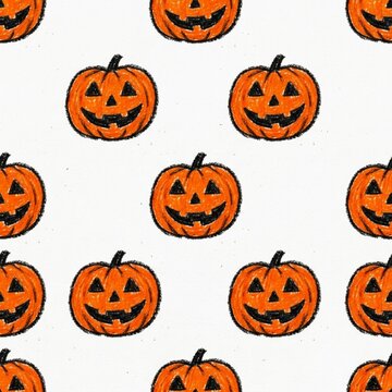 Vibrant orange Jack-o'-lantern pumpkins with hand-drawn crayon wax textures are arranged in a seamless repeating pattern on a white
background for festive Halloween designs.