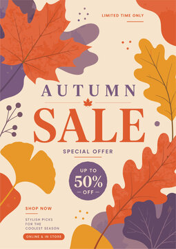 Autumn Sale Poster Template with Oversized Maple Leaf and Decorative Foliage