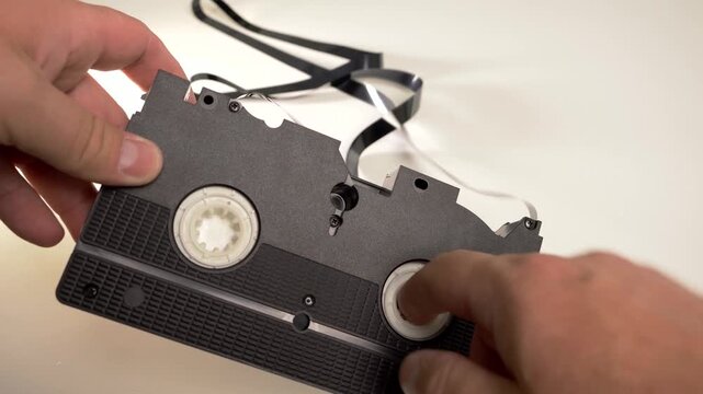 Close up of hands holding broken vhs cassette with loose magnetic tape spilling out on white background.