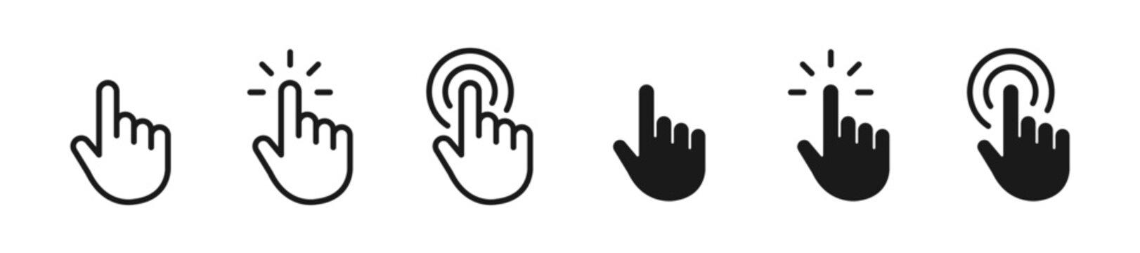 Hand click icon set featuring cursor hand gestures in outline and flat styles for user interface, interaction and navigation, vector illustration