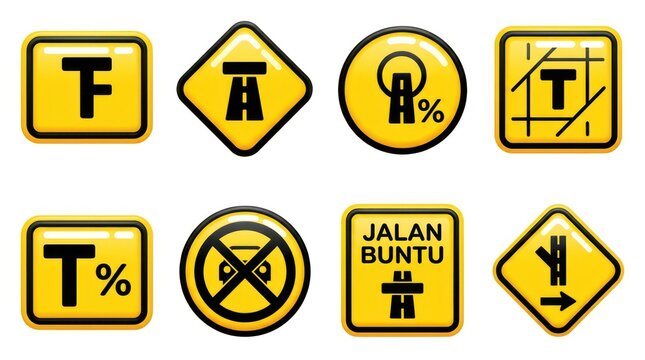 Collection of yellow traffic road signs with various symbols including dead end warning icons for navigation and urban safety design.