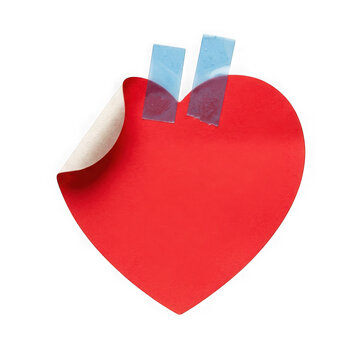 Red heart with a torn corner and ribbon attached on white isolated on transparent background, Vector, illustration