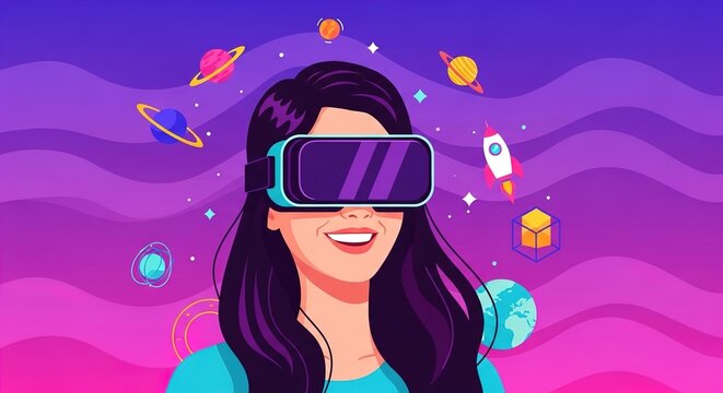 Virtual reality headset user exploring outer space. Woman wearing VR goggles with planets and rocket floating around her. Modern flat vector illustration for technology and gaming concepts