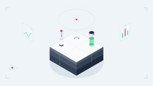 Isometric digital data processing interface with medical vials and analytical charts