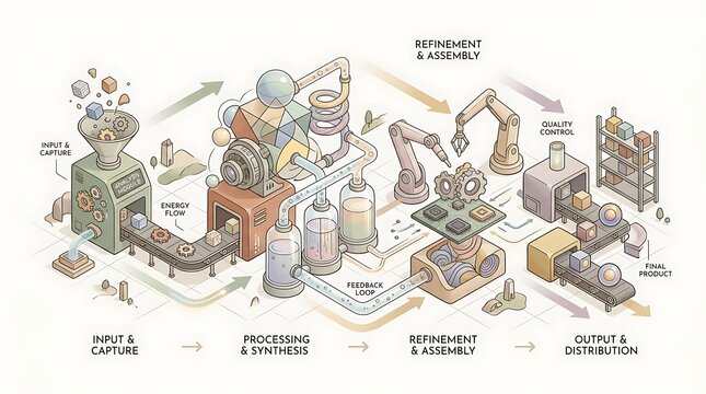 Isometric Concept Illustration of Complex Automated Production Line and Industrial Workflow System