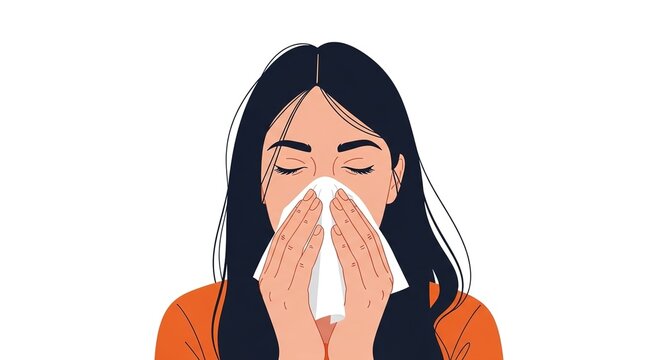 Woman sneezing and blowing nose into a white paper tissue vector illustration. Cold and flu symptoms concept. Sick female character holding handkerchief isolated on white background