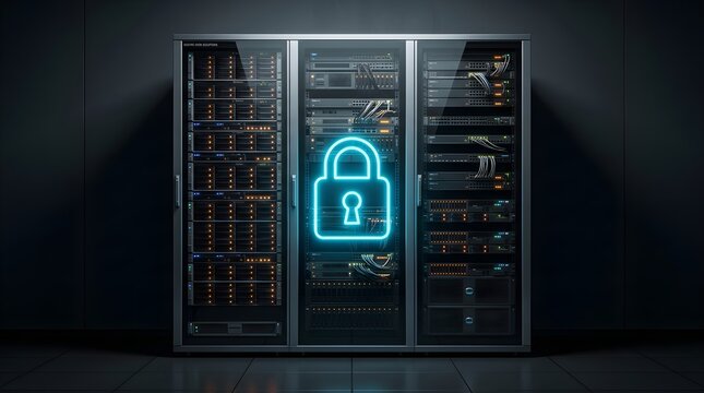 Server rack with a glowing blue digital padlock icon representing cybersecurity and data protection in a secure server room environment