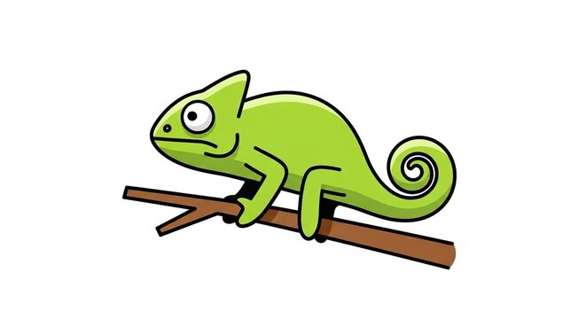Chameleon vector illustration. Green lizard sitting on a brown wooden branch. Cartoon animal character design with a curled tail and big eyes. Isolated graphic asset for wildlife and nature projects