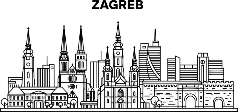Zagreb Croatia City Skyline Outline Black and White Illustration
