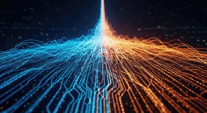 A vibrant, abstract image depicts a powerful energy surge originating from a central point.  Intricate, glowing blue and orange lines radiate outwards, resembling a digital network or data stream.