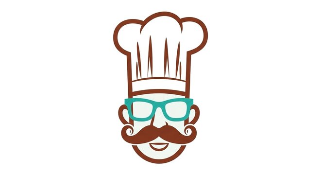 Chef character icon vector illustration. Featuring a tall toque curly mustache and turquoise glasses. Flat outline graphic design element for restaurant branding and culinary projects