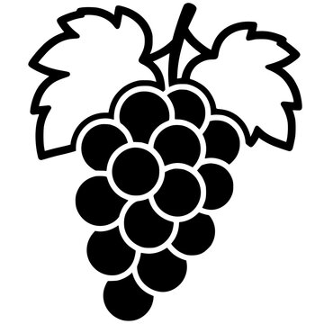 Bunch of Grapes with Broad Leaves Black and White Vector Silhouette Icon