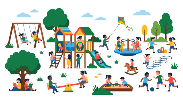 Happy children playing at park playground with various activities.