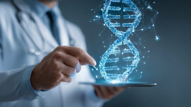Doctor analyzing dna molecule with tablet, advanced medical science and healthcare technology concept, genetic research, biotechnology, molecular biology, digital diagnostics, scientific innovation, a