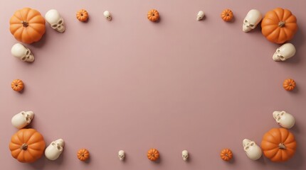Fototapeta premium Rectangular frame of small orange pumpkins and human skull replicas on a dusty pink background, for halloween holiday, seasonal decoration