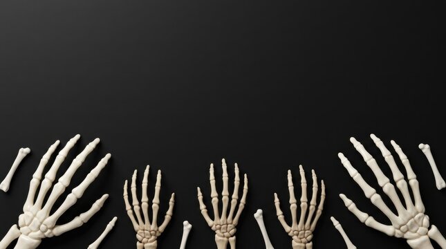 Human skeleton hands and scattered finger bones arranged on a black background, view of anatomical models for halloween themes