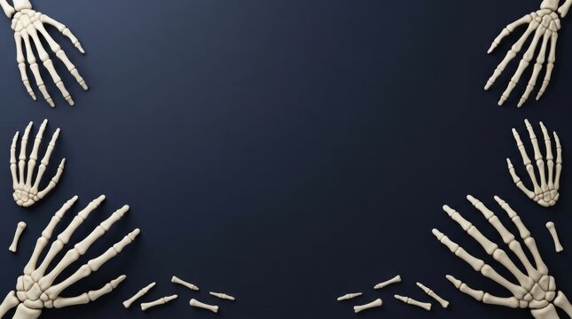 Human skeleton hands and scattered finger bones arranged on a dark blue background, view of anatomical models for halloween themes