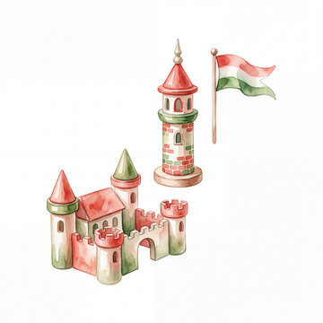 Watercolor Castle Illustration with Tower and Flag