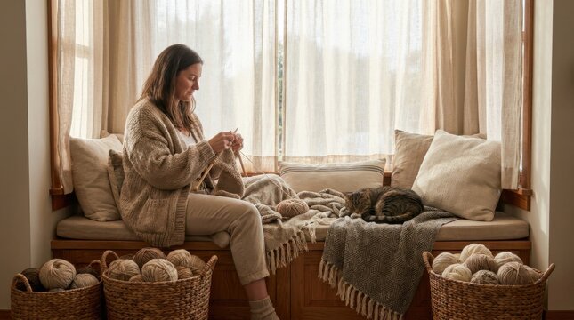 Woman Knitting Wool Sweater on Cozy Window Daybed with Yarn Baskets and Sleeping Cat