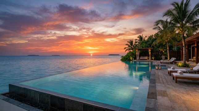 A stunning infinity pool extends into a turquoise ocean at sunset. Palm trees line the shore, and a luxurious villa is situated behind the pool.