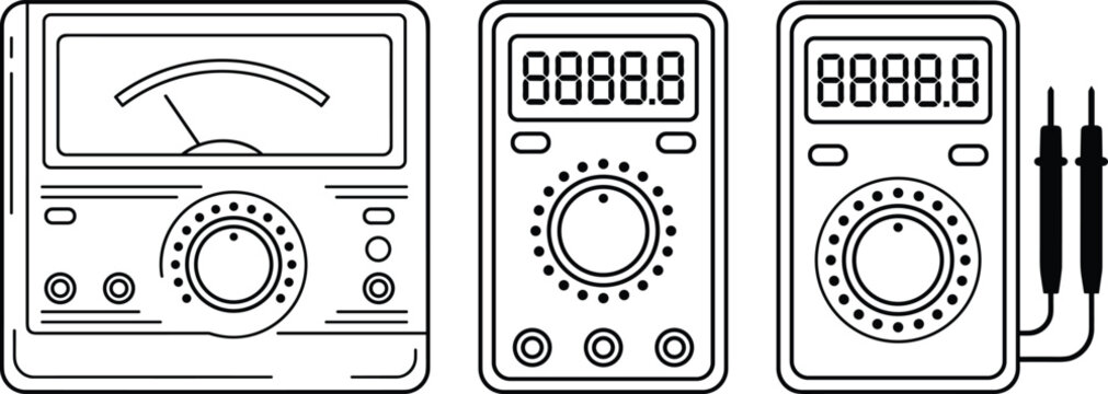 Electrical Multimeter and Measuring Equipment Vector Icon Lineup Featuring Analog Dial Gauge and Digital Voltmeter Devices with ProbesElectrical Multimeter and Measuring Equipment Vector Icon Lineup F