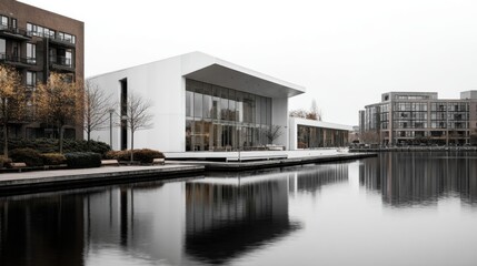 Fototapeta premium Modern architectural design near tranquil water landscape