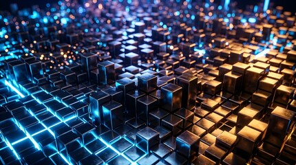 Fototapeta premium Futuristic abstract 3d digital landscape with metallic cubes and glowing circuit lines representing data flow and technological growth
