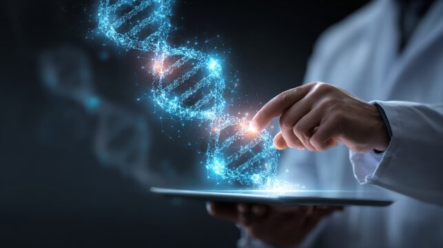 Doctor analyzing dna molecule with tablet, advanced medical science and healthcare technology concept, genetic research, biotechnology, molecular biology, digital diagnostics, scientific innovation, a